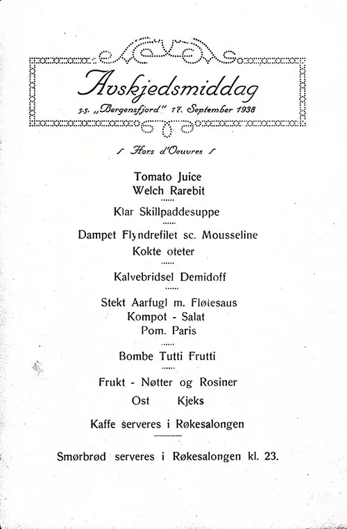 Farewell Dinner Menu Items in Norwegian, SS Bergensfjord, 17 September 1938.