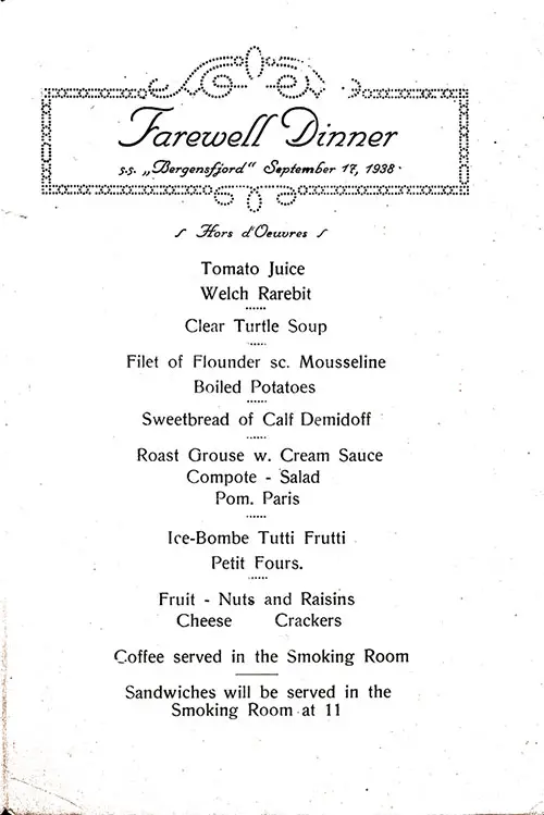 Farewell Dinner Menu Items, SS Bergensfjord, 17 September 1938.