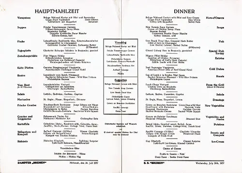 Menu Items, SS Bremen Dinner Menu - 28 July 1937
