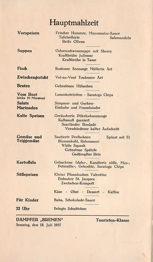 Menu Cover - Dinner Menu, SS Bremen, North German Lloyd, Tourist Class, July 1937