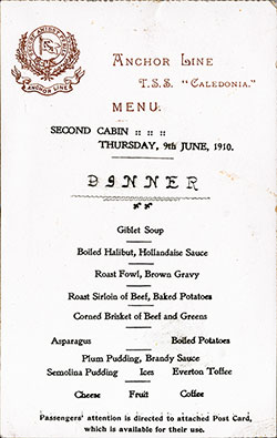 Menu Card from the Anchor Line TSS Caledonia Second Cabin Dinner Menu, 1910