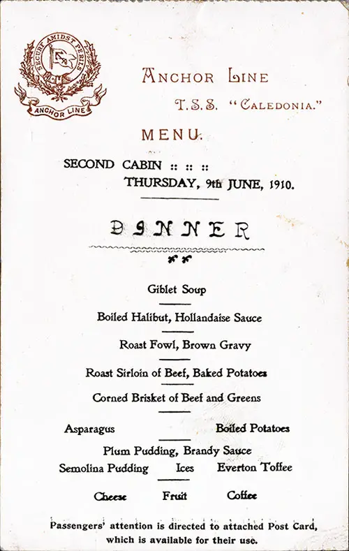 Menu Card from the Anchor Line TSS Caledonia Second Cabin Dinner Menu, 1910