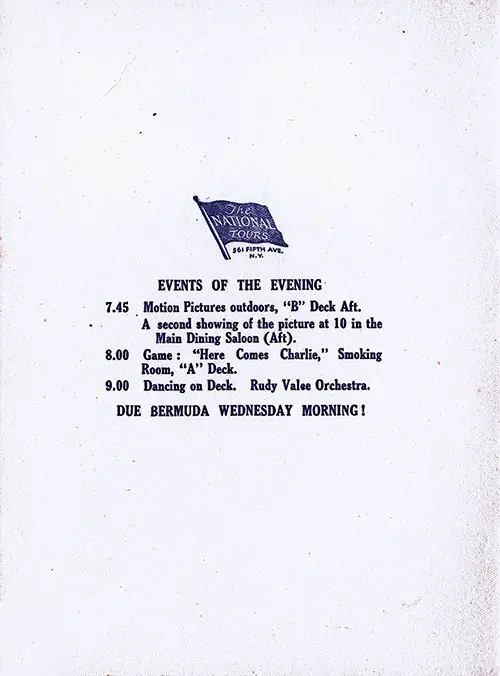 Evening Events, TSS California Dinner Menu - 24 February 1931