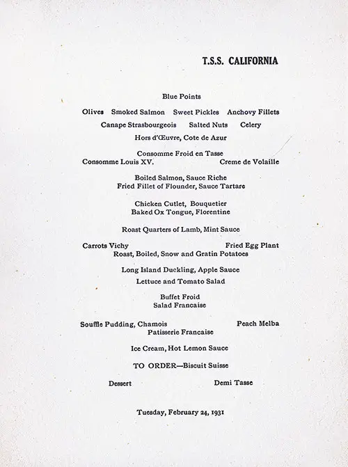 Menu Items, TSS California Dinner Menu - 24 February 1931
