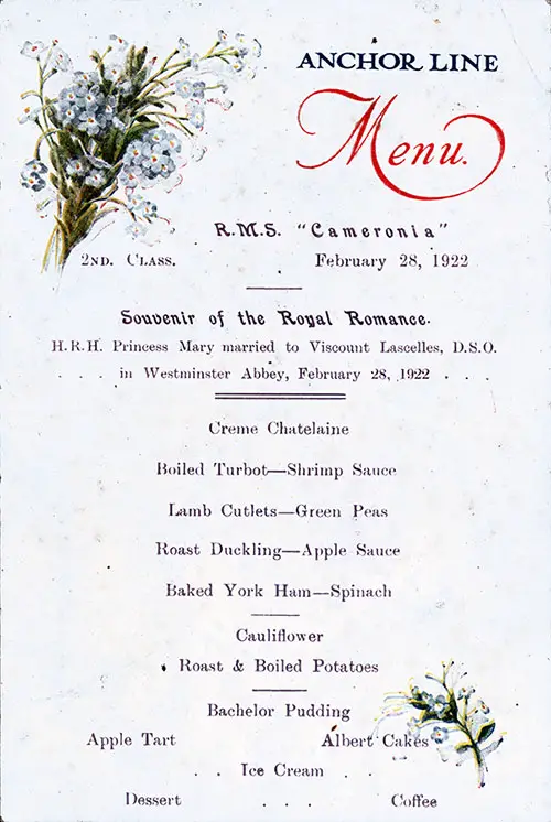 Combination of a Menu Card and Souvenir of the Royal Wedding in This Beautifully Preserved Second Class Dinner Menu From Tuesday, February 28, 1922, Onboard the RMS Cameronia of the Anchor Line.