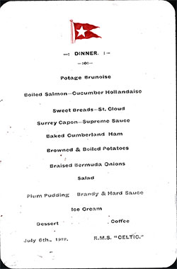 Menu Card, White Star Line RMS Celtic - 1919