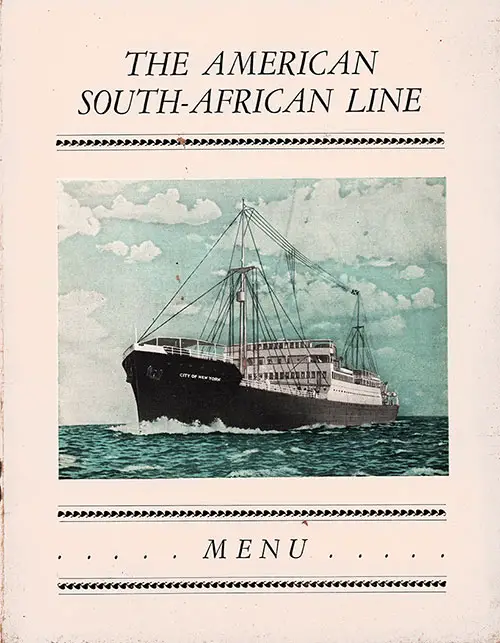Front Cover of a Vintage Farewell Dinner Menu from Wednesday, 1 September 1937 on board the MS City of New York of the American South-African Line