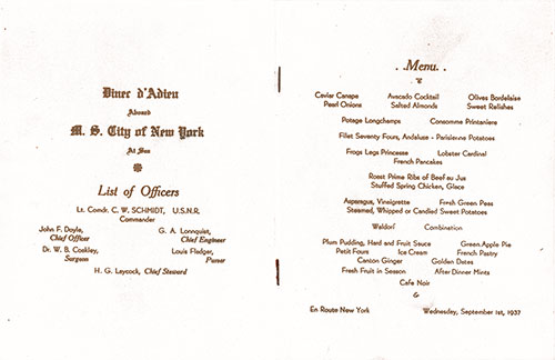 List of Officers and Menus Selections, Farewell Dinner Menu, PLClass Class on the MS City of New York of the American South-African Line, Wednesday, 1 September 1937.