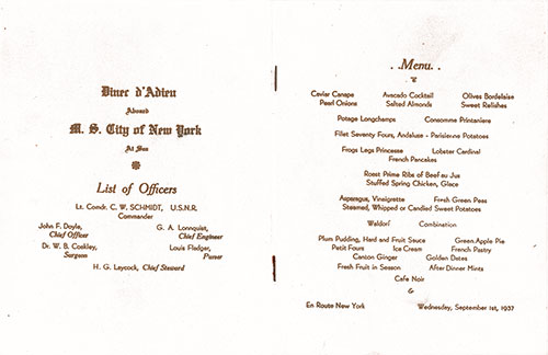List of Officers and Menus Selections, Farewell Dinner Menu, PLClass Class on the MS City of New York of the American South-African Line, Wednesday, 1 September 1937.