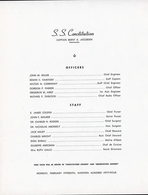 Officers & Senior Staff, Captain's Dinner Menu, First Class on the SS Constitution of the American Export Lines, Monday, 15 February 1954.