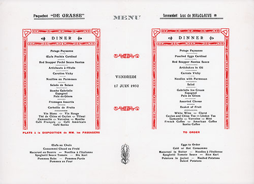Menu Items, Dinner Menu, on the SS De Grasse of the CGT French Line, Friday, 17 June 1932.