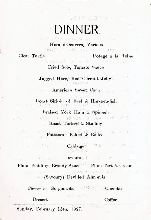 SS Demosthenes Dinner Menu Card - 13 February 1927