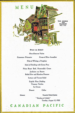 Farewell Dinner Menu, SS Dutchess of Athol, Canadian Pacific, 12 August 1930, Tourist Third Class 