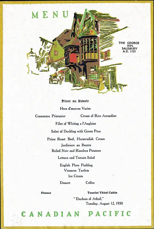 Farewell Dinner Menu, SS Dutchess of Athol, Canadian Pacific, 12 August 1930, Tourist Third Class 