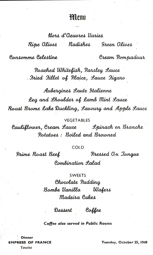 Menu Items, SS Empress of France Dinner Menu - 25 October 1949