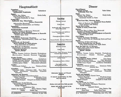 Menu Items, SS Europa Dinner Menu - 15 June 1932