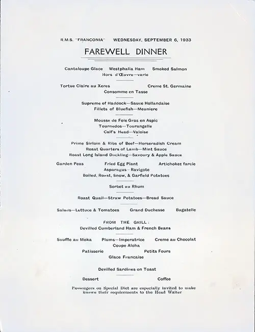 Front Cover, Pirate Farewell Dinner Menu, RMS Franconia, Cunard Line, September 1933