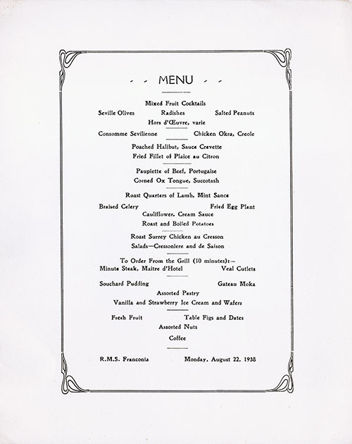 Menu Items, RMS Franconia Dinner Menu - 22 August 1938