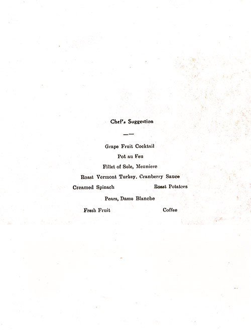 Chef's Suggestions, RMS Franconia Dinner Menu - 24 August 1938
