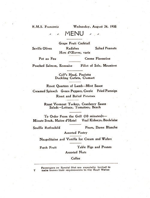 Menu Items, RMS Franconia Dinner Menu - 24 August 1938