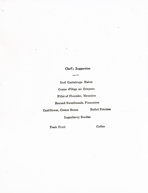 Chef's Suggestions, RMS Franconia Dinner Menu -25 August 1938