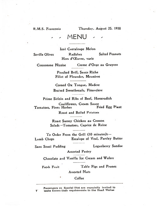 Menu Items, RMS Franconia Dinner Menu -25 August 1938