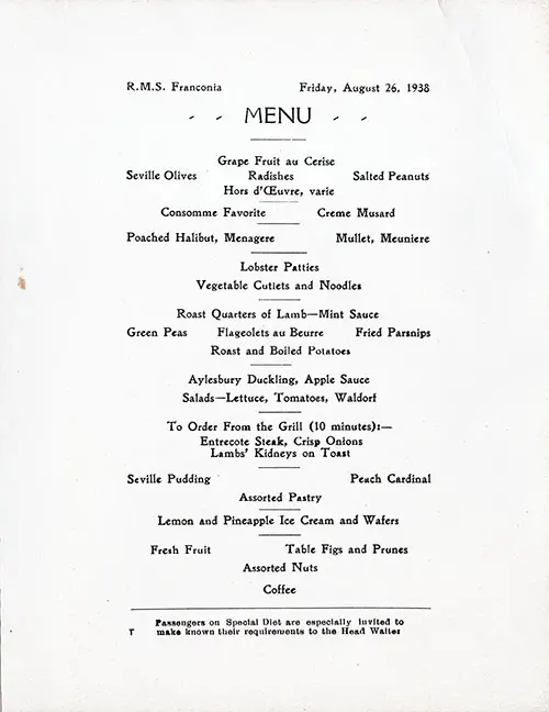 Menu Items, RMS Franconia Dinner Menu - 26 August 1938