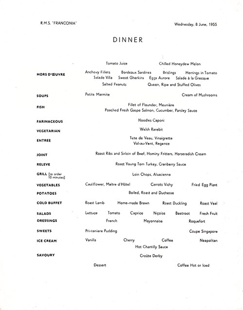Menu Items, RMS Franconia Dinner Menu - 8 June 1955