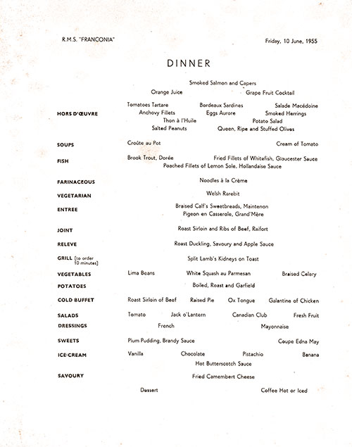 Menu Items, RMS Franconia Dinner Menu - 10 June 1955