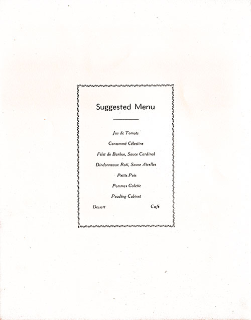 Chef's Suggestions, RMS Franconia Dinner Menu - 11 June 1955