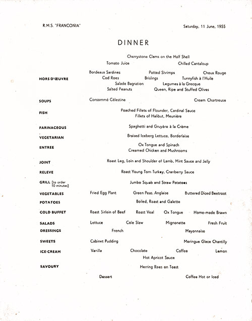 Menu Items, RMS Franconia Dinner Menu - 11 June 1955