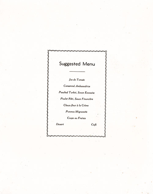 Chef's Suggestions, RMS Franconia Dinner Menu - 12 June 1955