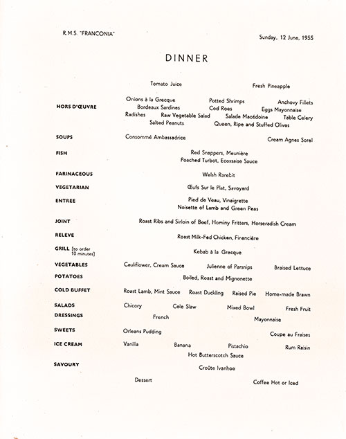 Menu Items, RMS Franconia Dinner Menu - 12 June 1955