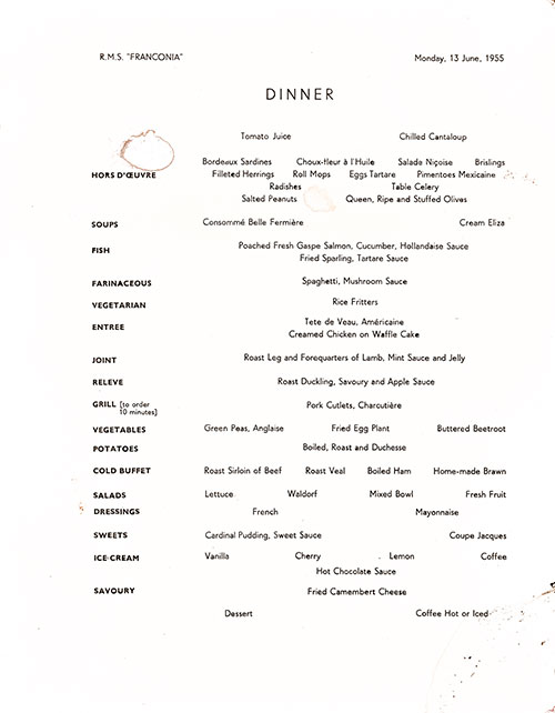 Menu Items, RMS Franconia Dinner Menu - 13 June 1955