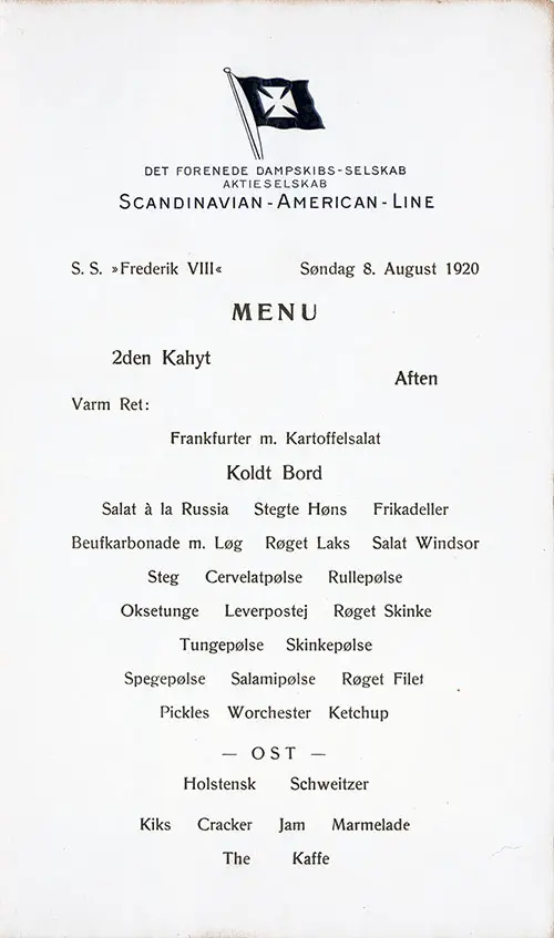 Front Side, Vintage Second Cabin Dinner Menu Card from Sunday, 8 August 1920 on board the SS Frederik VIII of the Scandinavian-American Line