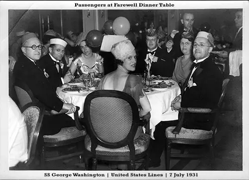 Group of Dinner Guests at Farewell Dinner Table on Board the SS George Washington of the United States Lines, 7 July 1931.