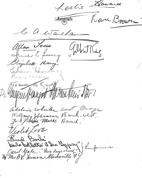 Autographs Included in a MV Georgic Farewell Dinner Menu, 20 April 1935.