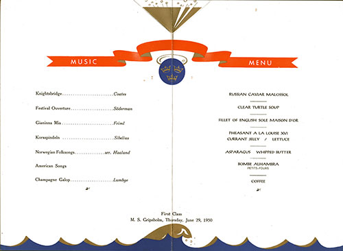 First Class Farewell Dinner Menu Items and Music Program, M.S. Gripsholm, Thursday, 29 June 1950.