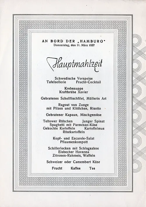 Menu in German,SS Hamburg Dinner Menu - 11 March 1937