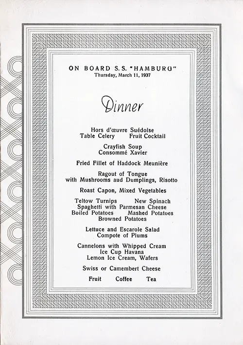 Menu Items, SS Hamburg Dinner Menu - 11 March 1937