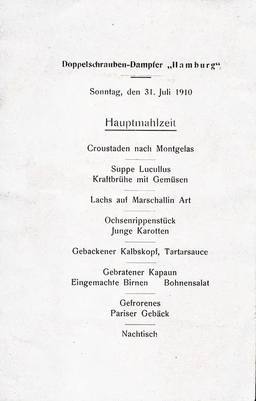 Dinner Menu in German for Sunday, 31 July 1910 on the SS Hamburg of the Hamburg-America Line.