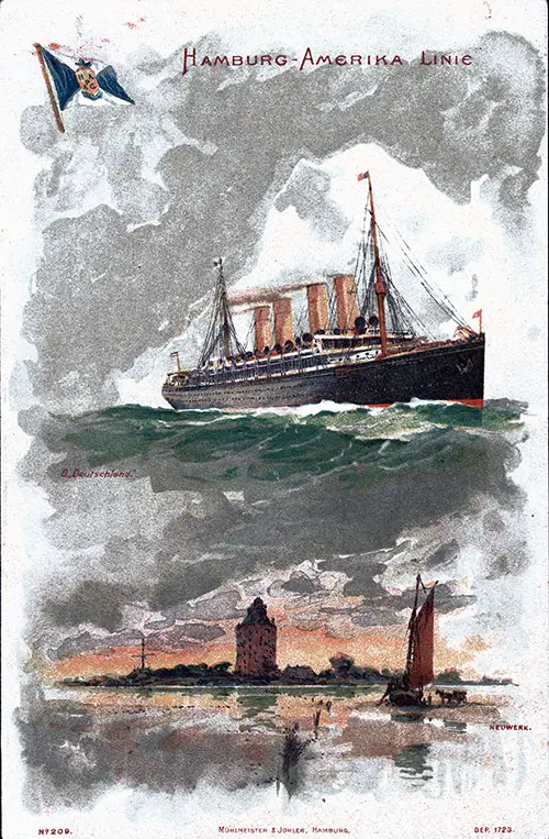 Artistic Front Cover Showing the SS Hamburg and Mühlmeister & Johler, Hamburg on This Vintage Dinner Menu From Sunday, 31 July 1910 on the SS Hamburg of the Hamburg-America Line