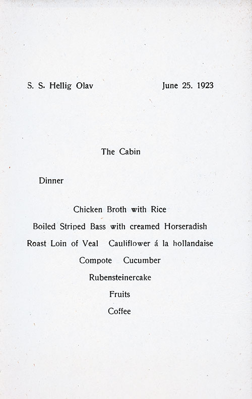 Menu Items, Vintage Cabin Class Dinner Menu From Monday, 25 June 1923 on Board the SS Hellig Olav of the Scandinavian-American Line.