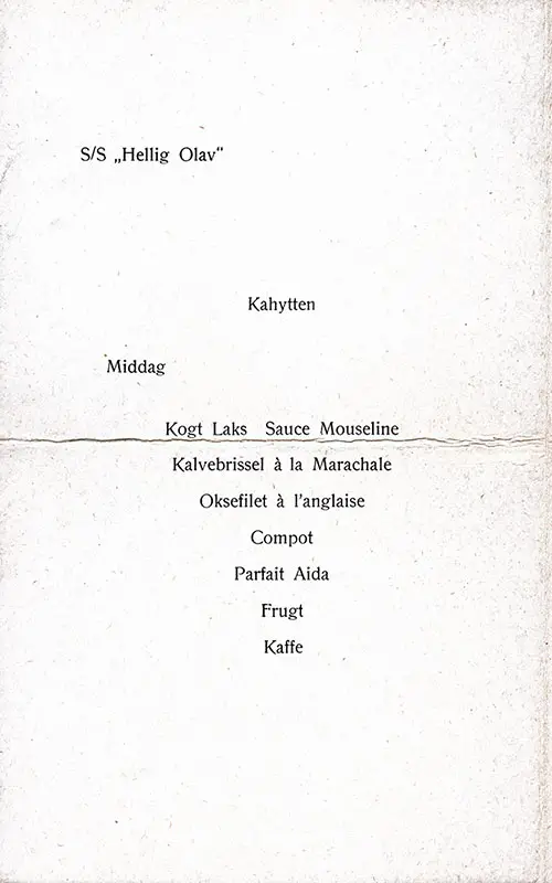 Menu in Danish, SS Hellig Olav Dinner Menu - 10 May 1924