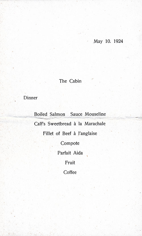 Menu Items, SS Hellig Olav Dinner Menu - 10 May 1924