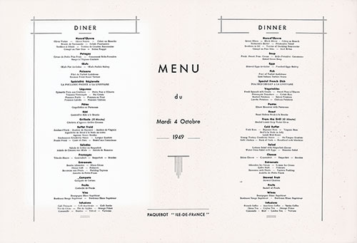 Menu Selections, Large Format Dinner Menu, First Class on the SS Ile de France of the CGT French Line, Tuesday, 4 October 1949.