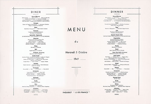 Menu Selections, Large Format Dinner Menu, First Class on the SS Ile de France of the CGT French Line, Wednesday, 5 October 1949.