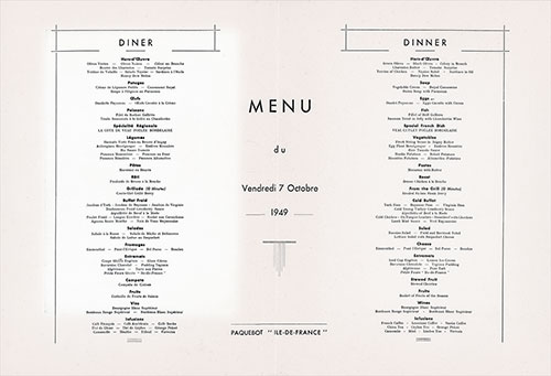 Menu Selections, Large Format Dinner Menu, First Class on the SS Ile de France of the CGT French Line, Friday, 7 October 1949.