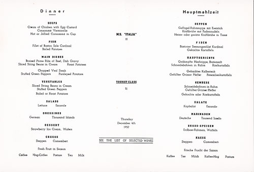 Menu Items, Dinner Menu, Tourist Class on the MS Italia of the Home Lines, Thursday, 4 December 1952.