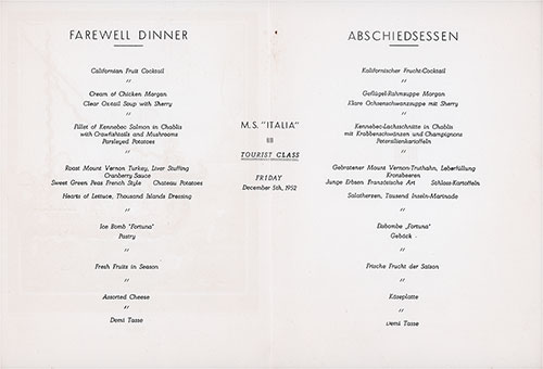 Menu Items, Farewell Dinner Menu, Tourist Class on the MS Italia of the Home Lines, Friday, 5 December 1952.
